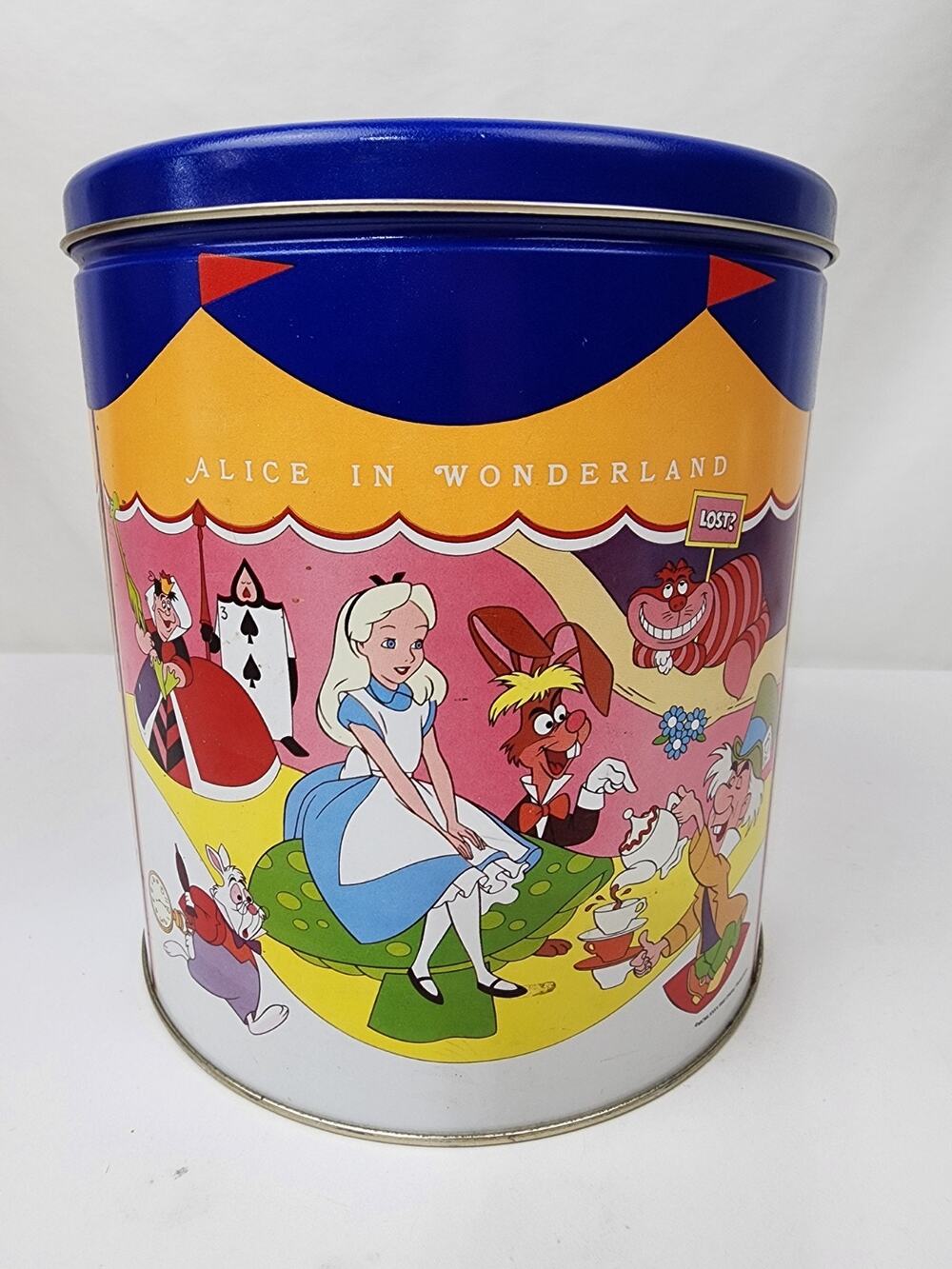 1985 The Disney Channel & Jolly Promo Popcorn Tin Alice Wonderland Robin Hood